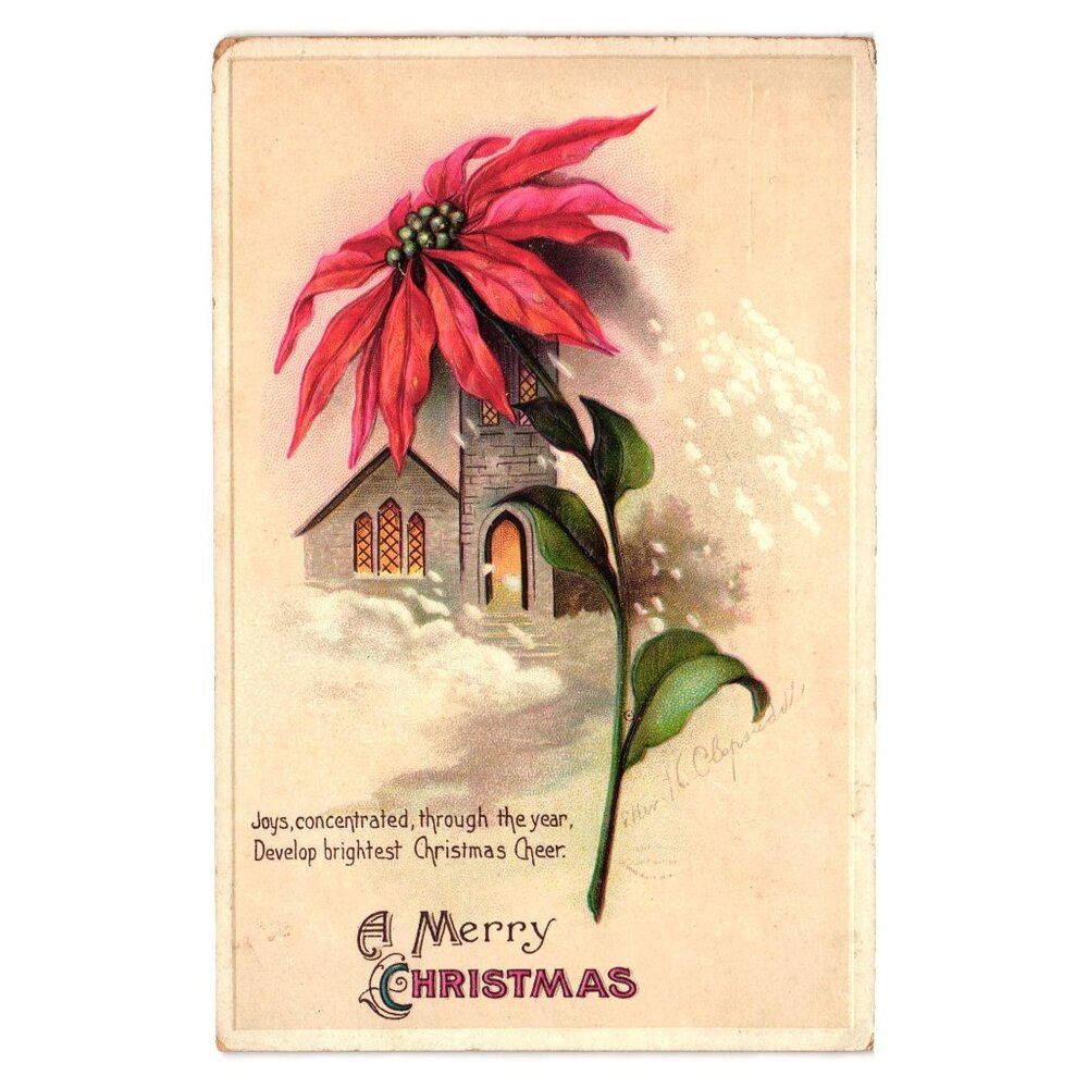 Antique Christmas Postcard With Red Poinsettia Church Vintage Design